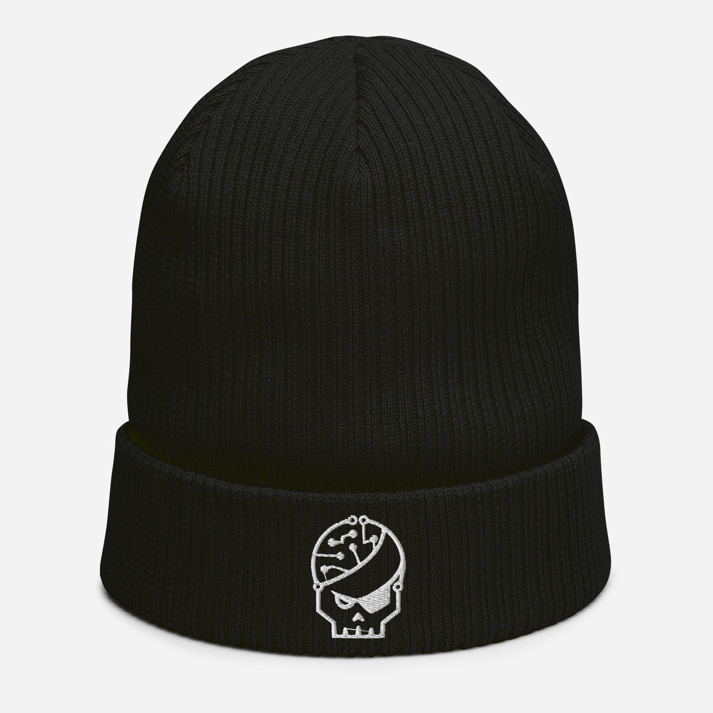 black embroidered ribbed Beanie