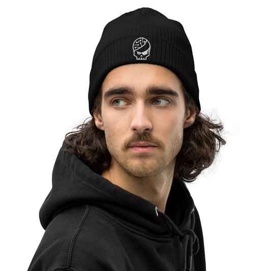 black embroidered ribbed Beanie